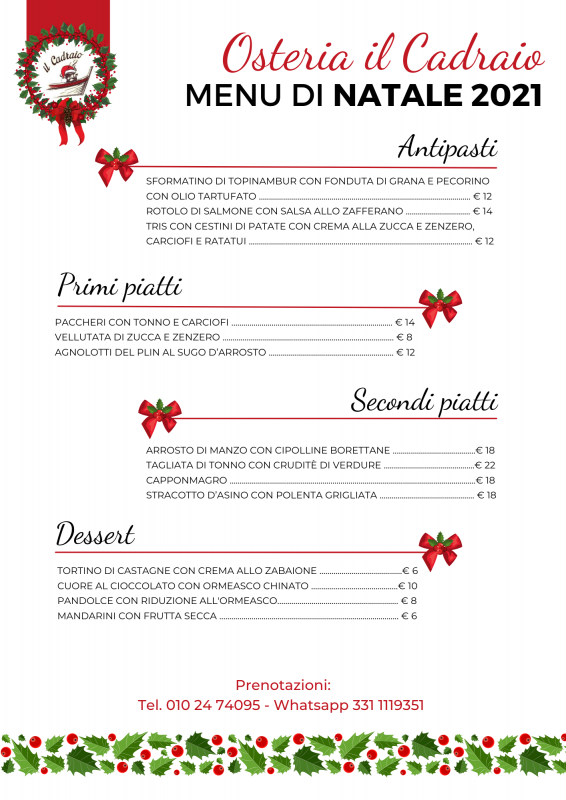 Menu per il pranzo di Natale o cena della Vigilia al ristorante osteria il Cadraio, Genova centro